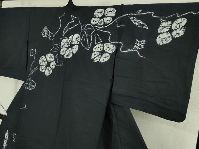 平和屋着物∴極上 夏物 浴衣 有松鳴海絞り 朝顔 黒地 綿 逸品 DZAB7493kh6