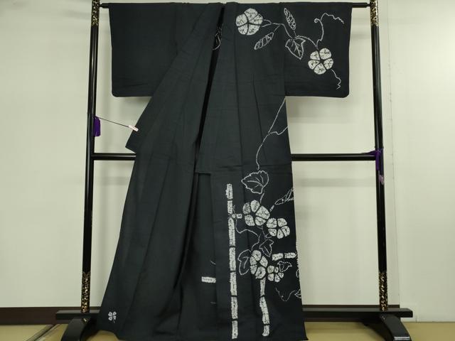 平和屋着物∴極上 夏物 浴衣 有松鳴海絞り 朝顔 黒地 綿 逸品 DZAB7493kh6