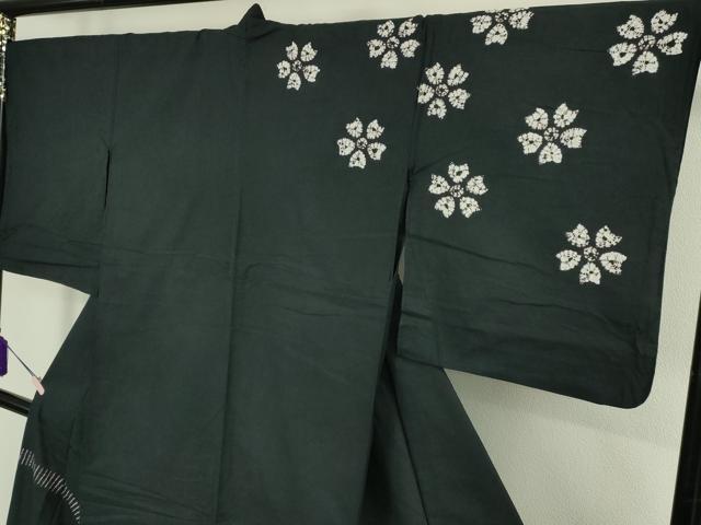 平和屋着物∴極上 夏物 浴衣 有松鳴海絞り 舞花文 黒地 綿 逸品 DZAB7496kh6