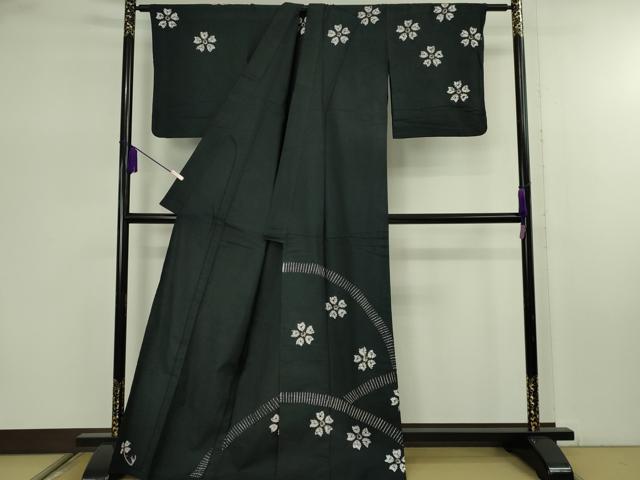 平和屋着物∴極上 夏物 浴衣 有松鳴海絞り 舞花文 黒地 綿 逸品 DZAB7496kh6