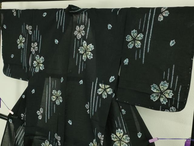 平和屋着物∴極上 夏物 浴衣 有松鳴海絞り 舞花文 黒地 綿 逸品 未使用 DZAB7498kh6