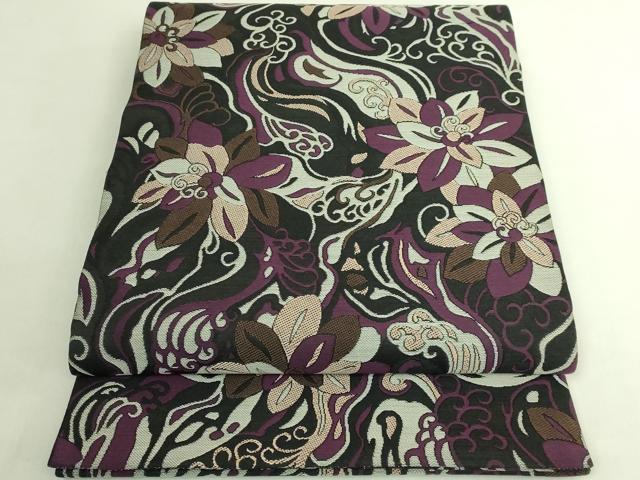平和屋本店●極上 染色作家 斉藤三才 両面 六通柄袋帯 草花文 三才鳥 黒地 銀糸 逸品 未使用 DZAB7531kh6