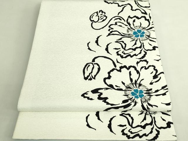 平和屋着物●極上 東京友禅 菅有鬼一 六通柄袋帯 草花文 白地 逸品 DZAB7546kh6