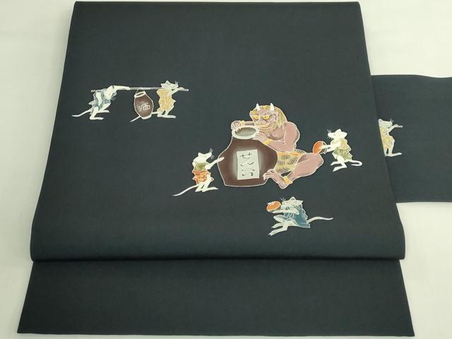 平和屋着物●極上 塩瀬 九寸名古屋帯 友禅 鬼 ネズミ 百入茶色地 逸品 DZAB7561kh6