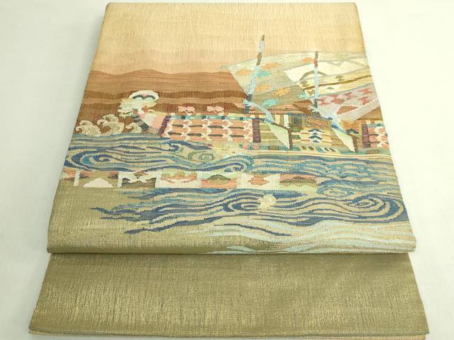 平和屋本店●極上 手織綴れ 山鹿清華 太鼓柄袋帯 風景文 船 金糸 逸品 DZAB7575kh6