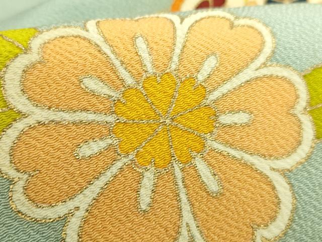平和屋着物●極上 銀座 志ま亀 九寸開き名古屋帯 舞花文 金彩 薄い青竹色地 鬼しぼ縮緬 逸品 DZAB7595kh6