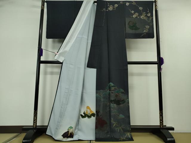 平和屋本店●極上 訪問着 紗袷 手描き 七福神 松竹梅 濃紺地 金彩 逸品 未使用 DZAB7609kh6
