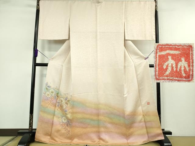 平和屋本店●極上 二代目 久保田一竹 幻の辻が花 色留訪問着 肌色地 暈し染め 金通し地 反端付き 逸品 未使用 DZAB7610kh6