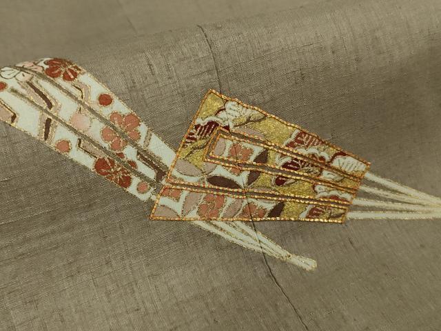平和屋着物∞極上 本場結城紬地 道行コート ロング丈 駒刺繍 扇 空五倍子色地 金彩 逸品 DZAB7616kh6
