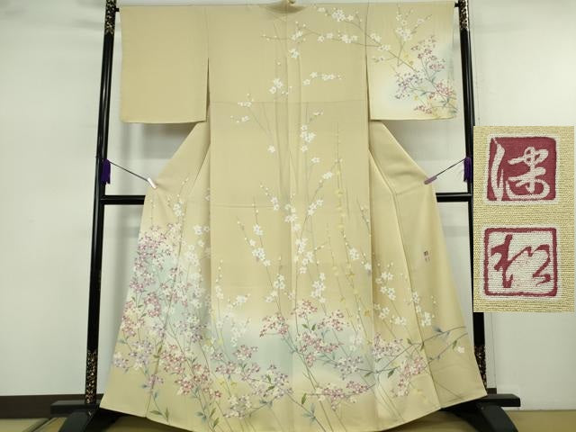 平和屋本店●極上 京加賀友禅 松本健一 訪問着 枝花文 砥粉色地 暈し染め 逸品 未使用 DZAB7619kh6