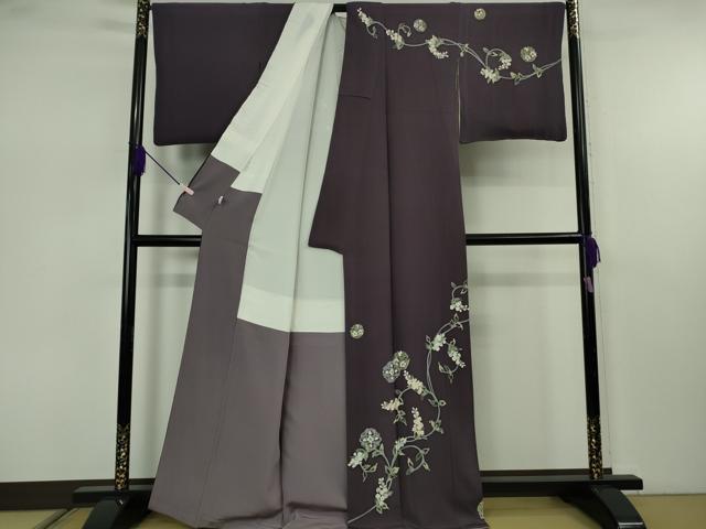 平和屋本店●極上 本加賀友禅作家 橋本静華 訪問着 花唐草文 深紫色地 逸品 DZAB7624kh6