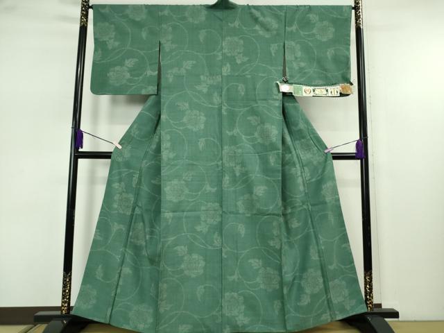 平和屋本店●極上 本場結城紬 重要無形文化財 100亀甲 飛び亀甲柄 花唐草文 木賊色地 証紙付き 逸品 DZAB7640kh6
