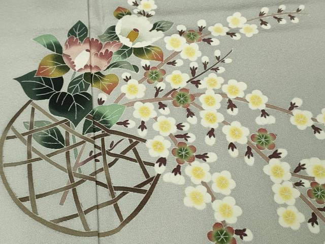 平和屋本店▽極上 本加賀友禅作家 金丸修一 訪問着 単衣 花篭 白鼠色地 暈し染め 逸品 DZAB7641kh6