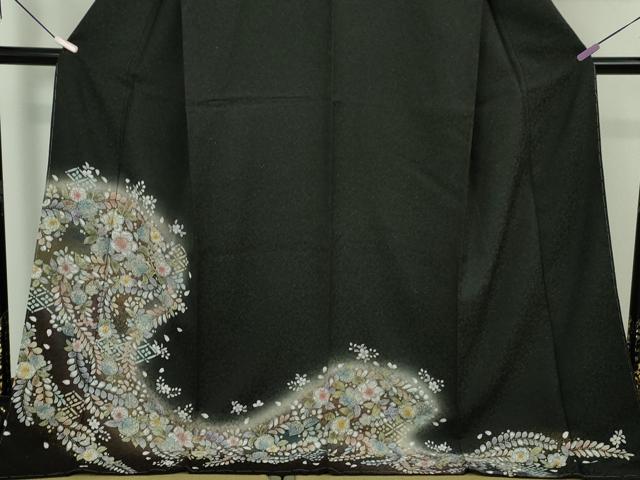 平和屋本店●極上 訪問着 辻が花 暈し染め 黒地 金彩 銀通し地 ロング丈 逸品 未使用 DZAB7644kh6