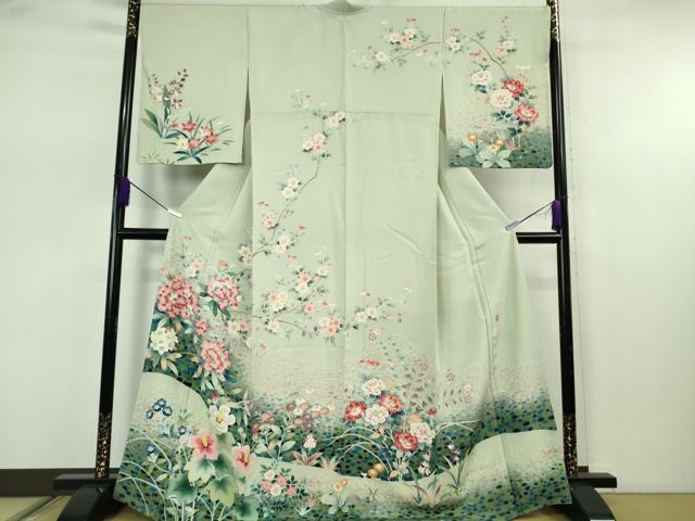 平和屋本店●極上 本加賀友禅作家 三口章 訪問着 枝花文 暈し染め 白緑色地 逸品 DZAB7645kh6