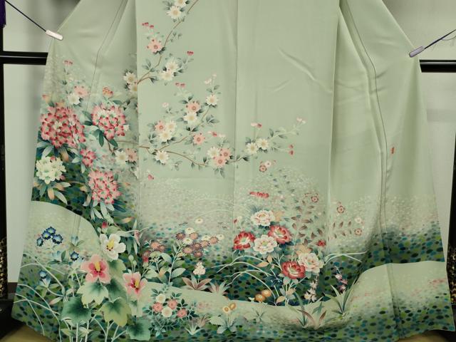 平和屋本店●極上 本加賀友禅作家 三口章 訪問着 枝花文 暈し染め 白緑色地 逸品 DZAB7645kh6