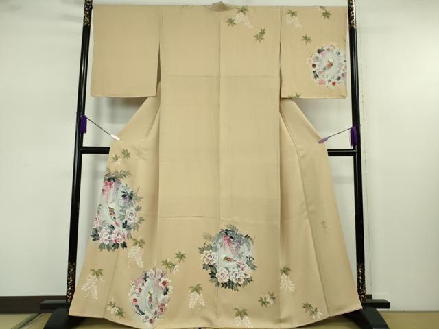 平和屋本店●極上 訪問着 手描き 作家物 花丸鳥文 枯色地 銀彩 逸品 DZAB7654kh6