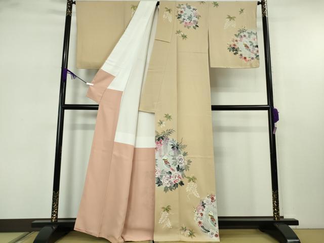 平和屋本店●極上 訪問着 手描き 作家物 花丸鳥文 枯色地 銀彩 逸品 DZAB7654kh6