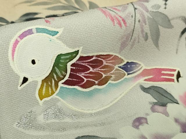 平和屋本店●極上 訪問着 手描き 作家物 花丸鳥文 枯色地 銀彩 逸品 DZAB7654kh6