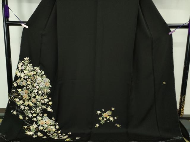 平和屋本店●極上 金彩友禅作家 桂友 訪問着 草花文 黒地 金彩 さが美扱い ロング丈 逸品 未使用 DZAB7658kh6