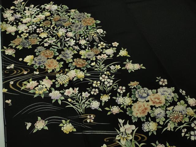 平和屋本店●極上 金彩友禅作家 桂友 訪問着 草花文 黒地 金彩 さが美扱い ロング丈 逸品 未使用 DZAB7658kh6