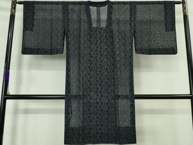 平和屋着物∞極上 道行コート スリーシーズン 春夏秋 塵除け ロング丈 紗 刺繍 花丸唐草文 濃紺地 逸品 DZAB7672kh6