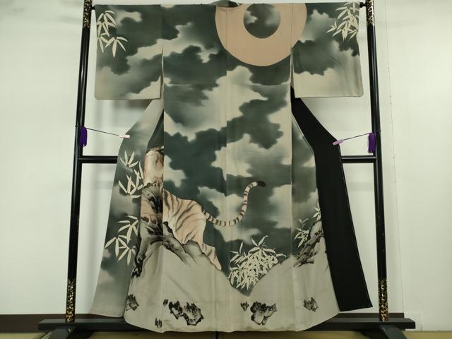 平和屋本店●極上 アンティーク 大正ロマン 訪問着 手描き 虎 トラ 暈し染め 鬼しぼ縮緬 逸品 DZAB7681kh6