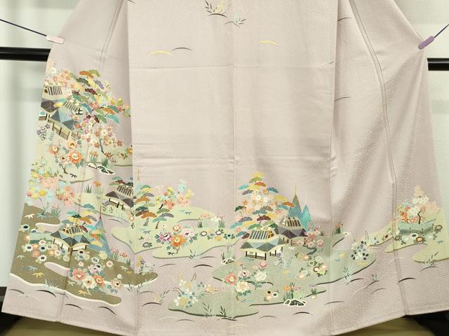 平和屋本店●極上 染刺工芸 大羊居 東京友禅 訪問着 刺繍 風景文 灰桜色地 金銀糸 逸品 DZAB7712kh6