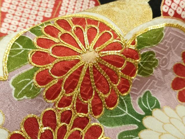 平和屋着物●極上 振袖 駒刺繍 松竹吉祥花文 黒地 金彩 逸品 DZAB7719kh6