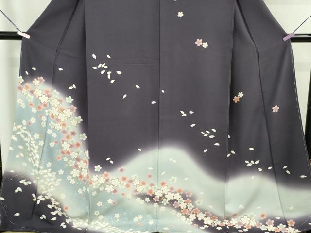 平和屋着物●極上 訪問着 舞桜 深紫色地 暈し染め 金彩 ロング丈 逸品 未使用 DZAB7729kh6