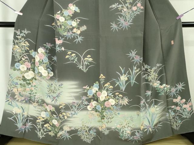 平和屋本店●極上 十日町 加賀草木友禅の第一人者 田村哲彦 訪問着 宝尽くし 草花文 墨色地 暈し染め 逸品 DZAB7745kh6