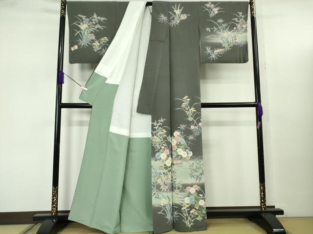 平和屋本店●極上 十日町 加賀草木友禅の第一人者 田村哲彦 訪問着 宝尽くし 草花文 墨色地 暈し染め 逸品 DZAB7745kh6