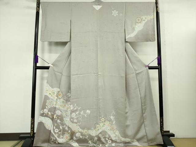 平和屋着物●極上 訪問着 駒刺繍 花唐草文 利休白茶色地 金彩 逸品 未使用 DZAB7746kh6