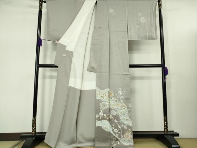 平和屋着物●極上 訪問着 駒刺繍 花唐草文 利休白茶色地 金彩 逸品 未使用 DZAB7746kh6