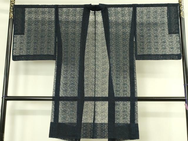 平和屋本店∞極上 長羽織 スリーシーズン 春夏秋 塵除け シルクオーガンジー 刺繍 レース 天然藍染 証紙付き 未使用 逸品 DZAB7787kh6