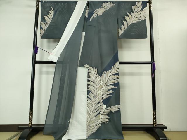 平和屋本店*希少 夏物 創業460年・千總 訪問着 絽 刺繍 羊歯 鉄御納戸色地 金彩 伊勢丹扱い 逸品 DZAB7857kh6