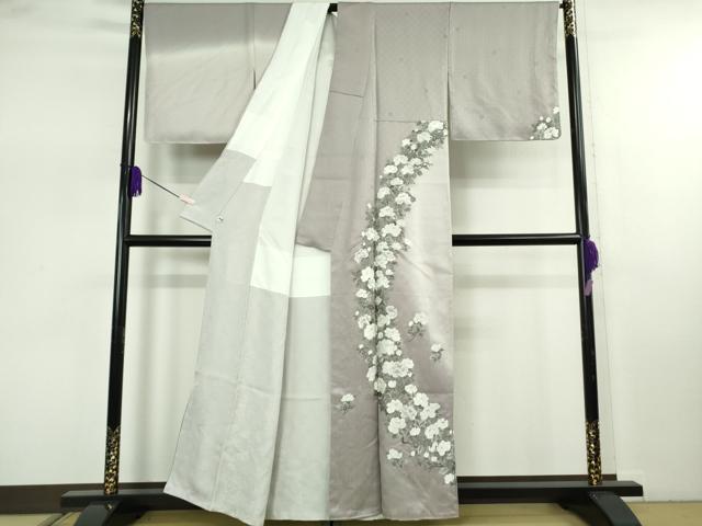 平和屋本店●極上 訪問着 総手刺繍 牡丹鼠色地 暈し染め 金糸 逸品 未使用 DZAB7861kh6