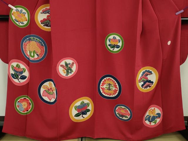 平和屋本店●極上 和染紅型 栗山紅型 栗山吉三郎 振袖 吉祥花丸文 退紅色地 鬼しぼ縮緬 逸品 DZAB7878kh6
