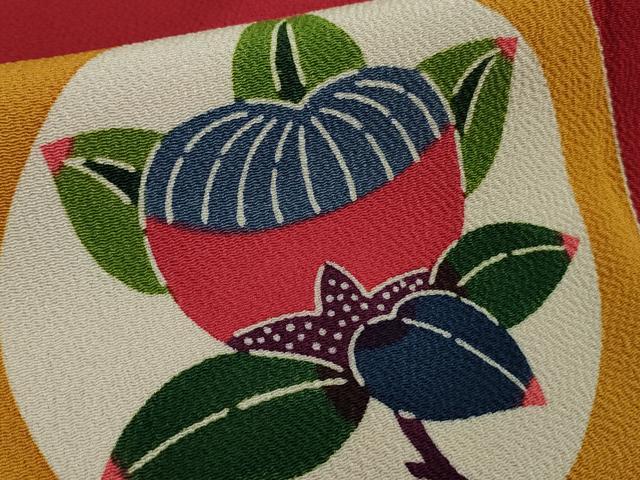 平和屋本店●極上 和染紅型 栗山紅型 栗山吉三郎 振袖 吉祥花丸文 退紅色地 鬼しぼ縮緬 逸品 DZAB7878kh6