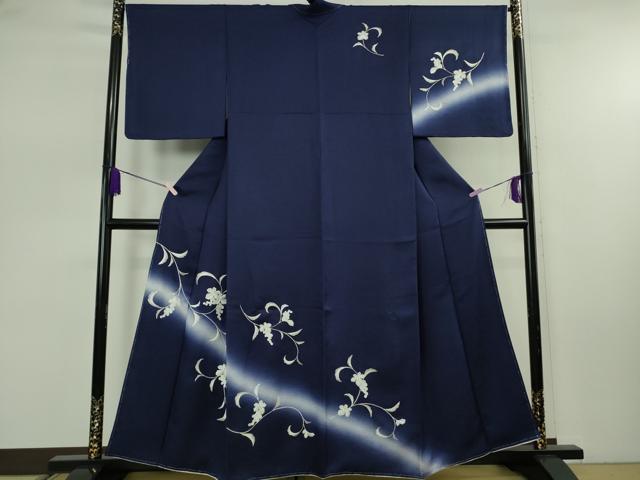 平和屋本店●極上 訪問着 総刺繍 葡萄唐草文 鉄紺色地 暈し染め 銀糸 逸品 未使用 DZAB7880kh6