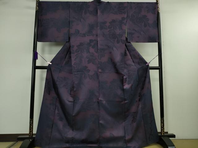 平和屋本店▽極上 お召 単衣 舞葉文 紫鳶色地 京都きもの友禅扱い 逸品 DZAB7889kh6