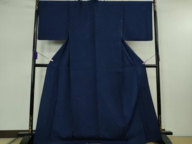 平和屋本店▽極上 国選定 阿波藍 天然灰汁建 BANKANわものや お召 単衣 花唐草 濃藍色 反端・たとう紙付き 逸品 DZAB7890kh6