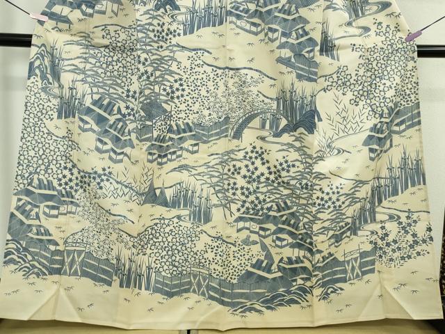 平和屋本店▽極上 訪問着 単衣 紬地 藍 渡橋風景花文 やまと金ラベル 逸品 未使用 DZAB7891kh6