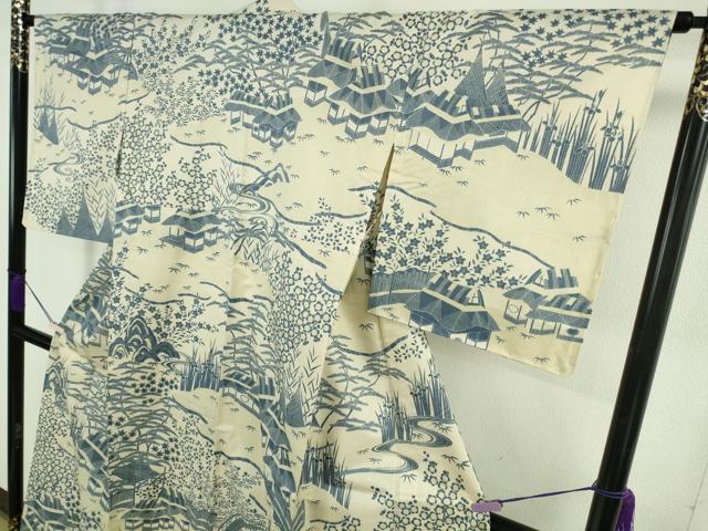 平和屋本店▽極上 訪問着 単衣 紬地 藍 渡橋風景花文 やまと金ラベル 逸品 未使用 DZAB7891kh6