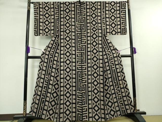 平和屋本店▽希少 染色作家 斉藤三才×キモノデザイナー 斉藤上太郎 小紋 単衣 幾何学文様 反端付き 逸品 DZAB7895kh6