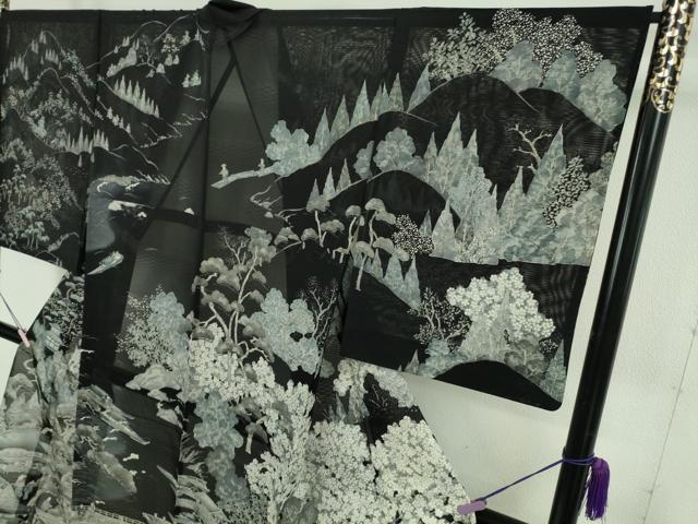 平和屋本店*極上 夏物 訪問着 手描き 紗 渡橋水辺人物風景 黒地 逸品 DZAB7904kh6