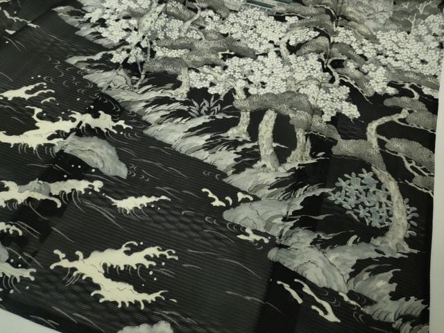 平和屋本店*極上 夏物 訪問着 手描き 紗 渡橋水辺人物風景 黒地 逸品 DZAB7904kh6