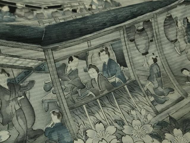 平和屋本店*極上 夏物 訪問着 手描き 紗 渡橋水辺人物風景 黒地 逸品 DZAB7904kh6