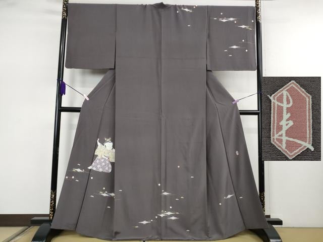 平和屋本店●極上 二代目・由水十久 本加賀友禅 訪問着 雨の五郎 藤煤竹色地 証紙付き 逸品 DZAB7907kh6
