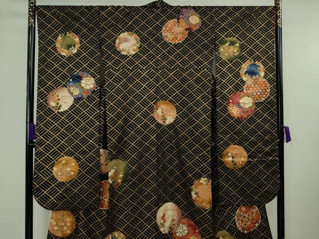 平和屋本店●希少 西陣 河合美術織物謹製 振袖 花丸文 黒地 金彩 逸品 DZAB7920kh6